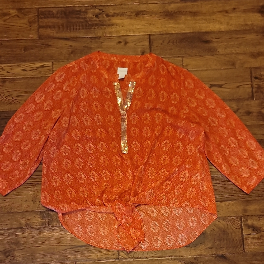 Chico's Orange and Gold Patterned Blouse